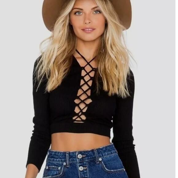 NBD Black Long Sleeve Crop Ribbed Lace Up Front Top - Picture 1 of 6